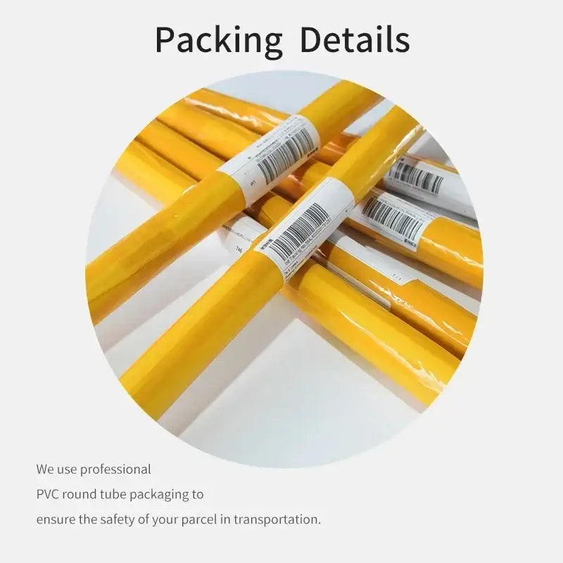 Yellow pvc round tubes wrapped in clear plastic with white barcode labels for decorbites™ japanese koi cat abstract wall art