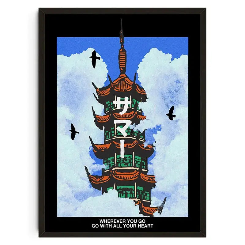 Black-framed DecorBites™ Japanese koi cat abstract wall art featuring a pagoda with blue sky and black birds