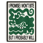 A framed cream decorbites™ wall art with bold black text and a stylized green snake alongside japanese koi cat design