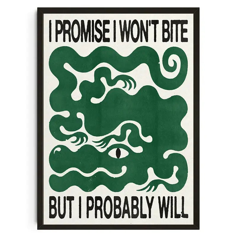 A framed cream decorbites™ wall art with bold black text and a stylized green snake alongside japanese koi cat design