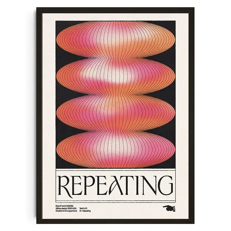 A framed decorbites™ japanese koi cat abstract wall art with bold overlapping pink and orange ovals and black radiating lines
