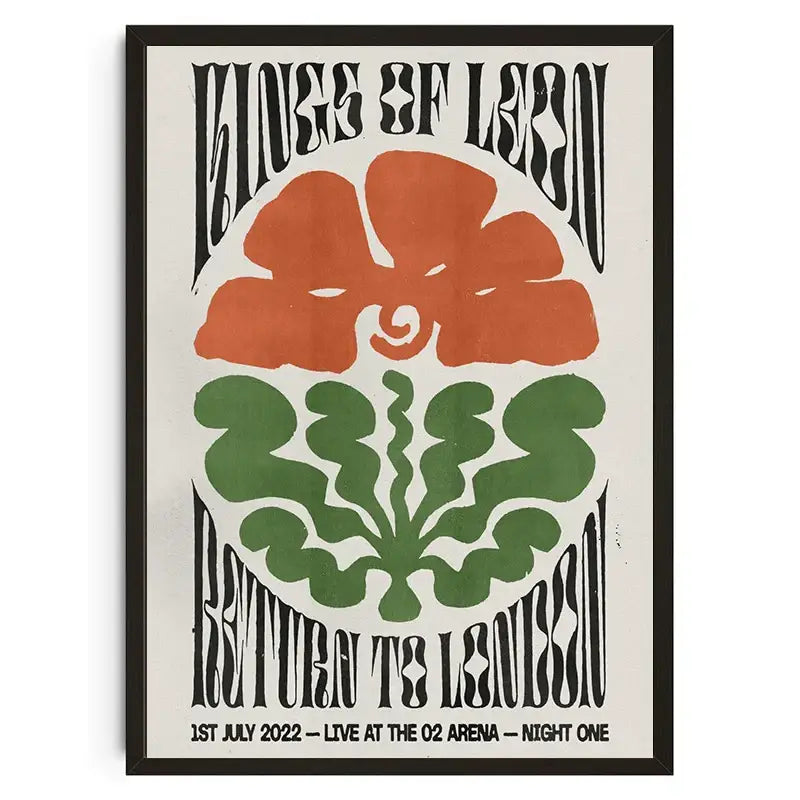 A framed decorbites™ wall art poster with koi cat abstract and floral designs featuring black lettering for kings of leon concert
