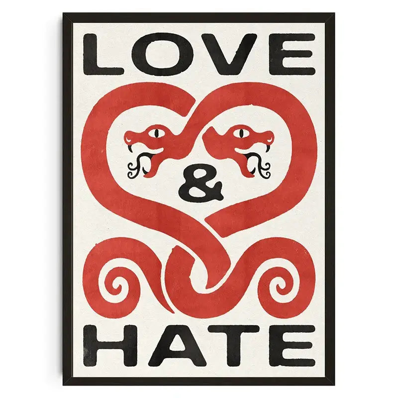 A framed decorbites™ japanese koi cat wall art poster with love and hate text and red snake heart design