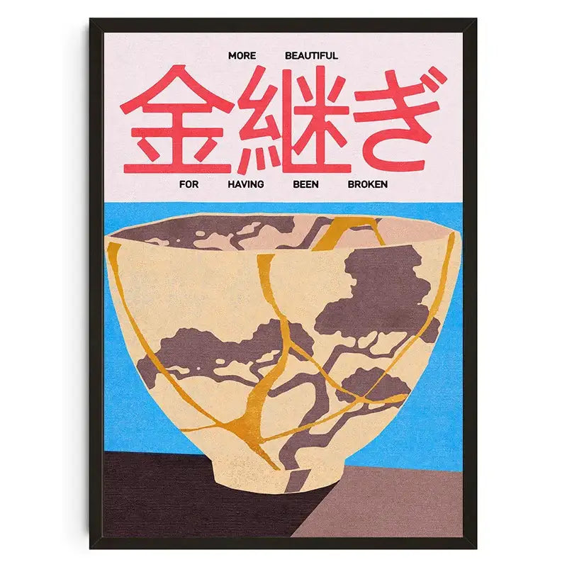 A framed poster of decorbites™ japanese koi cat abstract animals wall art featuring a beige ceramic bowl with gold repair lines on blue background