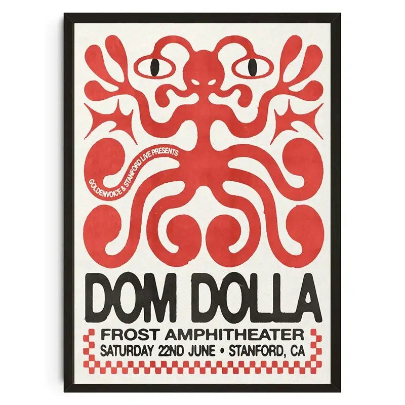 A framed decorbites™ wall art poster featuring a bold red octopus with black text for dom dolla’s concert at frost amphitheater inspired by japanese koi cat design
