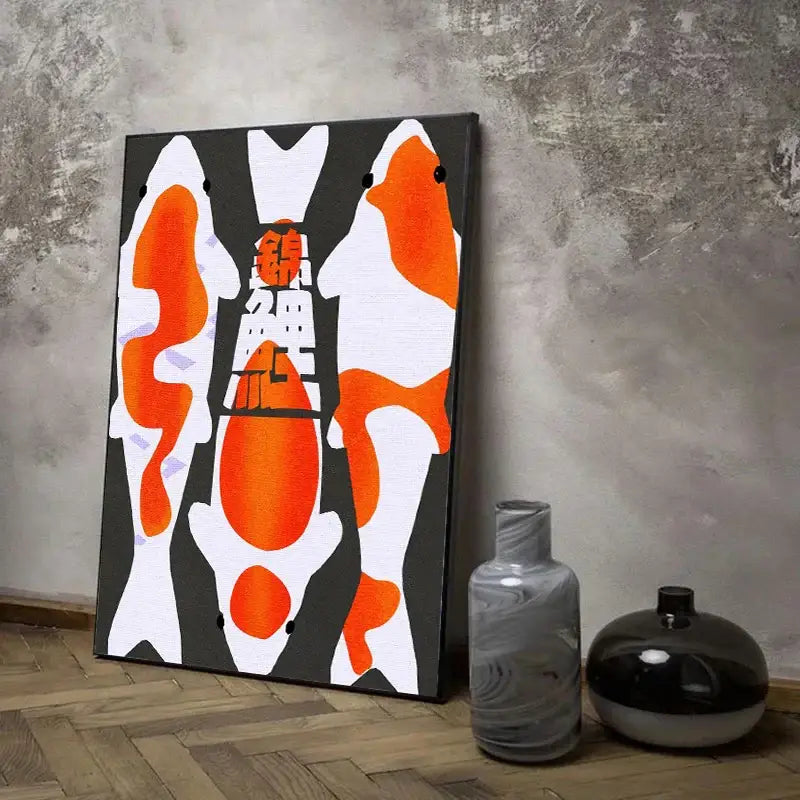 A modern canvas painting of stylized orange and white japanese koi cat with bold chinese characters on black background