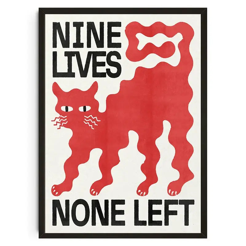 Red stylized japanese koi cat poster with bold black text nine lives none left in black frame from decorbites wall art