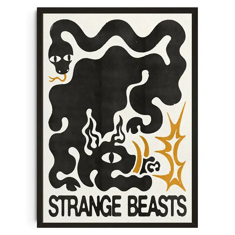 Decorbites™ japanese koi cat abstract canvas wall art in black and gold featuring stylized beasts and strange beasts text