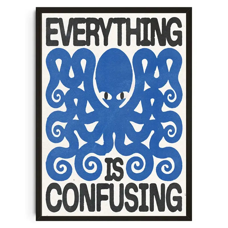 Decorbites™ japanese koi cat abstract canvas wall art featuring a blue stylized octopus on cream background with black frame