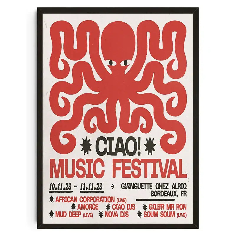 Decorbites™ japanese koi cat abstract canvas wall art features a bold red stylized octopus on minimalist black frame