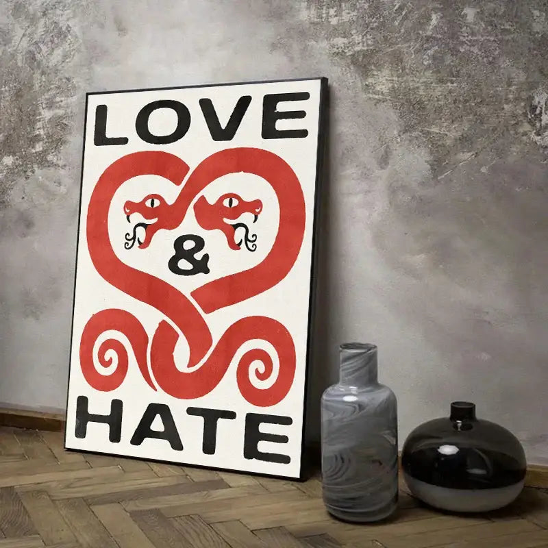 DecorBites™ japanese koi cat wall art with bold red and black love and hate canvas print featuring intertwined snakes