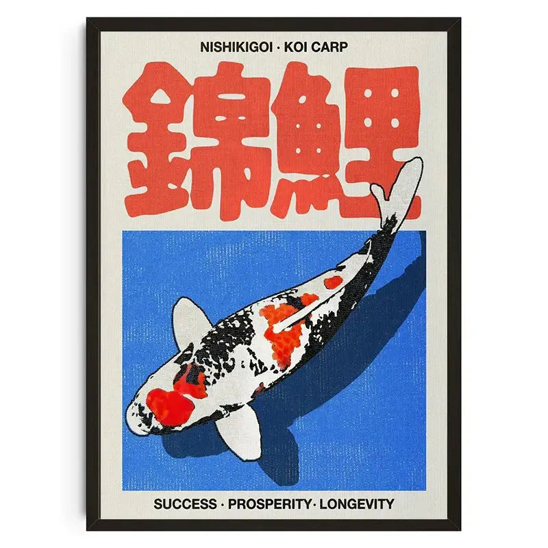A framed DecorBites™ japanese koi cat wall art featuring a stylized koi carp with black white and red on blue canvas
