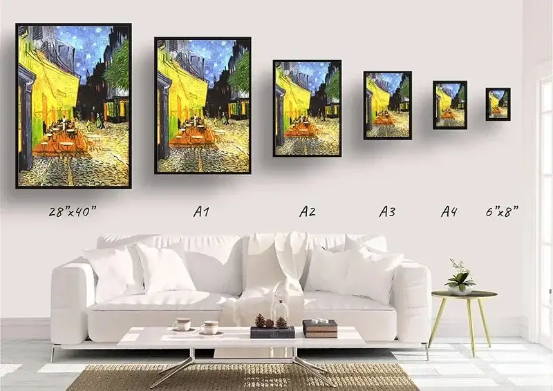 Set of five black framed reproductions of van gogh’s café terrace at night displayed as koi cat wall art by DecorBites™