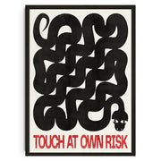 Black abstract snake artwork in a minimalist frame with bold red text below from decorbites™ japanese koi cat canvas wall art
