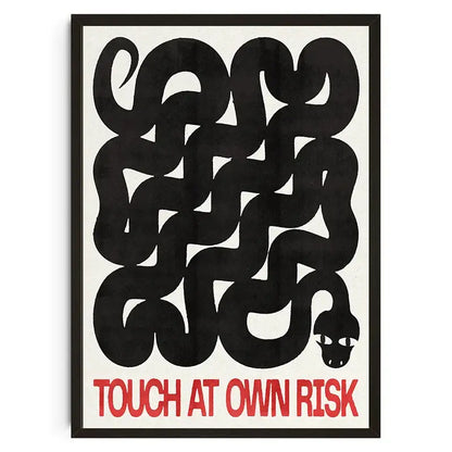 Black abstract snake artwork in a minimalist frame with bold red text below from decorbites™ japanese koi cat canvas wall art