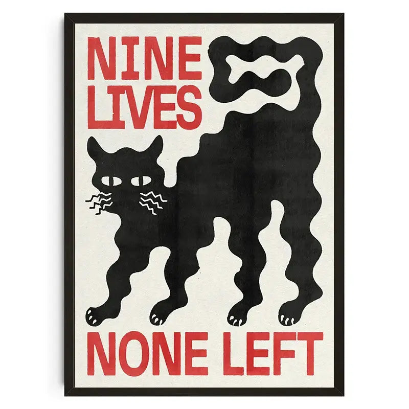DecorBites™ Japanese koi cat canvas wall art featuring black cat theme with bold red nine lives none left text in black frame