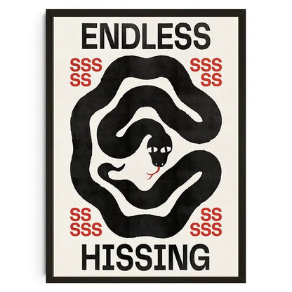 Decorbites™ japanese koi cat canvas wall art featuring a black and white stylized snake poster with bold red text endless and hissing framed in black