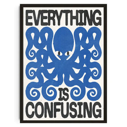 Decorbites japanese koi cat canvas wall art featuring a blue stylized octopus and bold black text on cream background