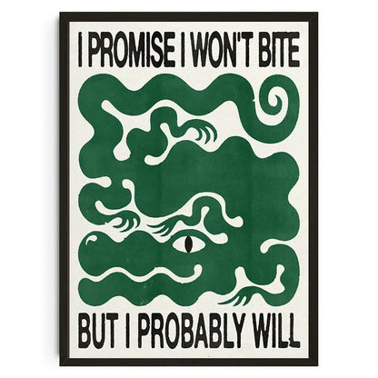 A framed cream poster with bold black text and green snake design for decor featuring japanese koi cat style art