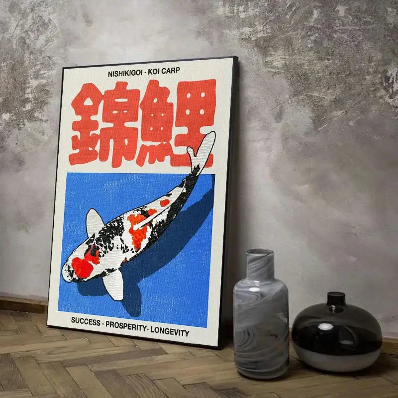 Decorbites™ japanese koi canvas wall art featuring a vibrant red and black koi carp with orange japanese characters