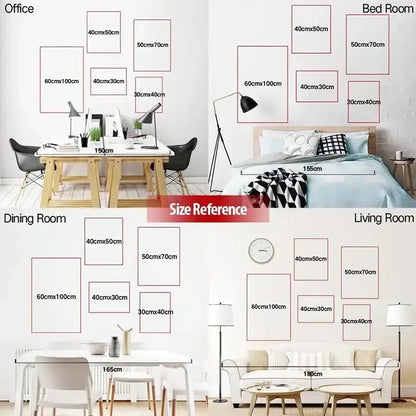 Minimalist white decorbites™ japanese koi cat canvas wall art with clean lines and modern geometric frames in various rooms