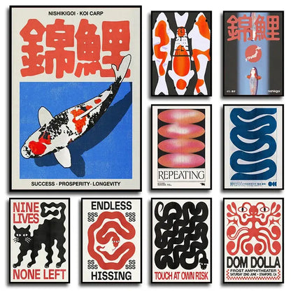 A vibrant red and black japanese koi cat canvas wall art poster with bold japanese characters on blue background by decorbites