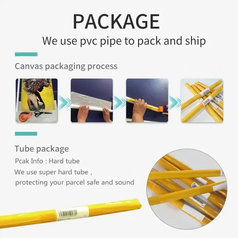 Yellow pvc pipe packaging for decorbites™ japanese koi canvas wall art designed for secure transport and protection