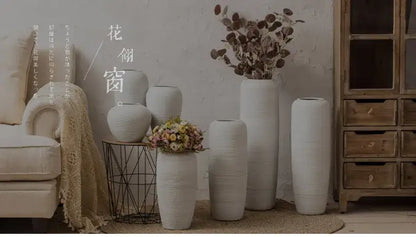 DecorBites™ japanese minimalist hydroponic vase set with white textured ceramic vases holding dried and fresh foliage