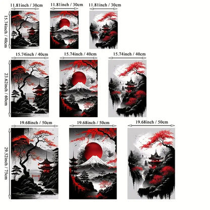 Set of nine japanese natural landscape canvas prints featuring bold red and black mount fuji and cherry blossoms