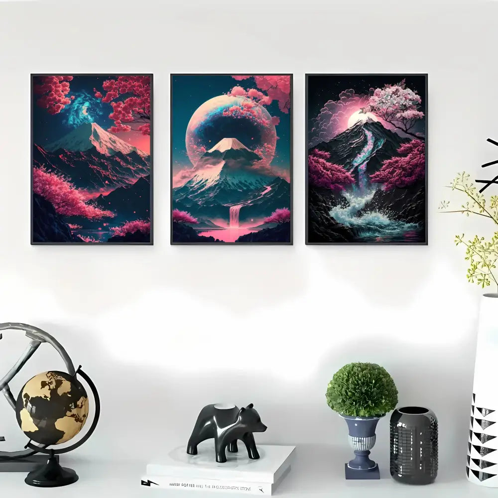 Three framed digital art prints of japanese natural landscape with surreal mountains and pink cherry blossoms in black frames