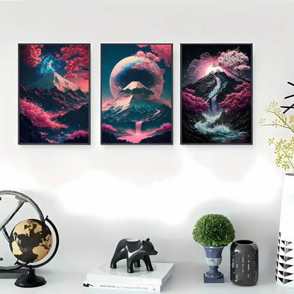 Three framed digital art prints of japanese natural landscape with surreal mountains and pink cherry blossoms in black frames