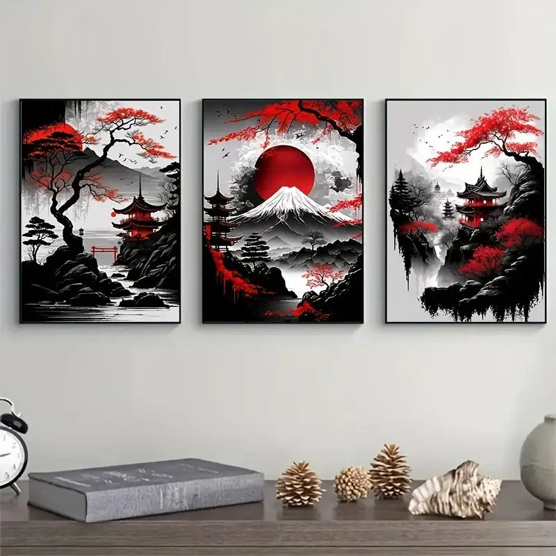 Three framed DecorBites™ japanese natural landscape canvas prints featuring black, white, and red pagoda scenes