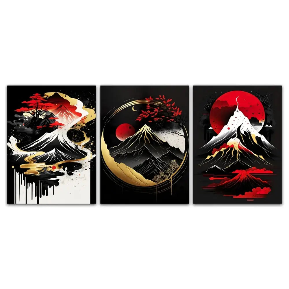 Set of three DecorBites™ japanese natural landscape canvas wall art prints in bold red black and gold on dark backgrounds