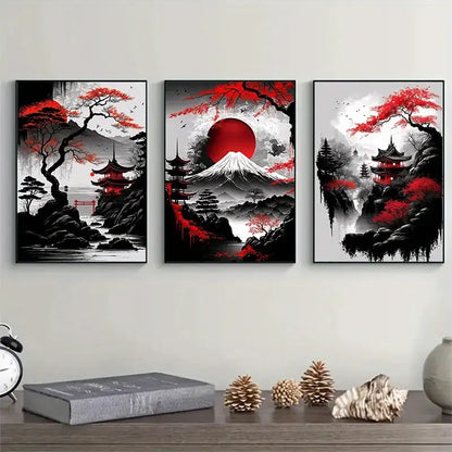 Three framed DecorBites™ japanese natural landscape canvas wall art pieces with black white and vibrant red pagoda scenes