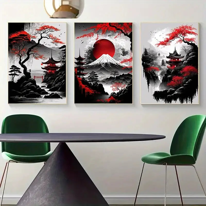 Three framed japanese natural landscape canvas wall art set with red black and white ink mount fuji pagodas and cherry blossoms