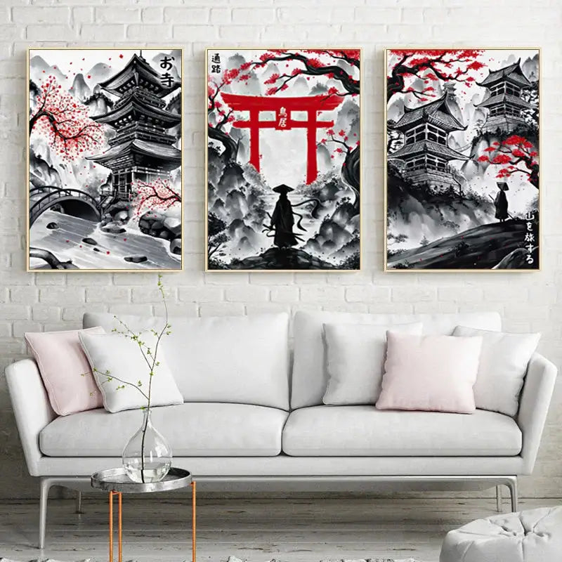 Three framed DecorBites™ japanese natural landscape canvas wall art with black and white ink wash and red accents