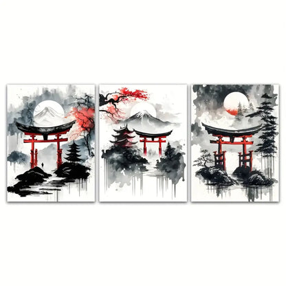 Set of three minimalist japanese natural landscape ink wash paintings featuring red torii gates and cherry blossoms