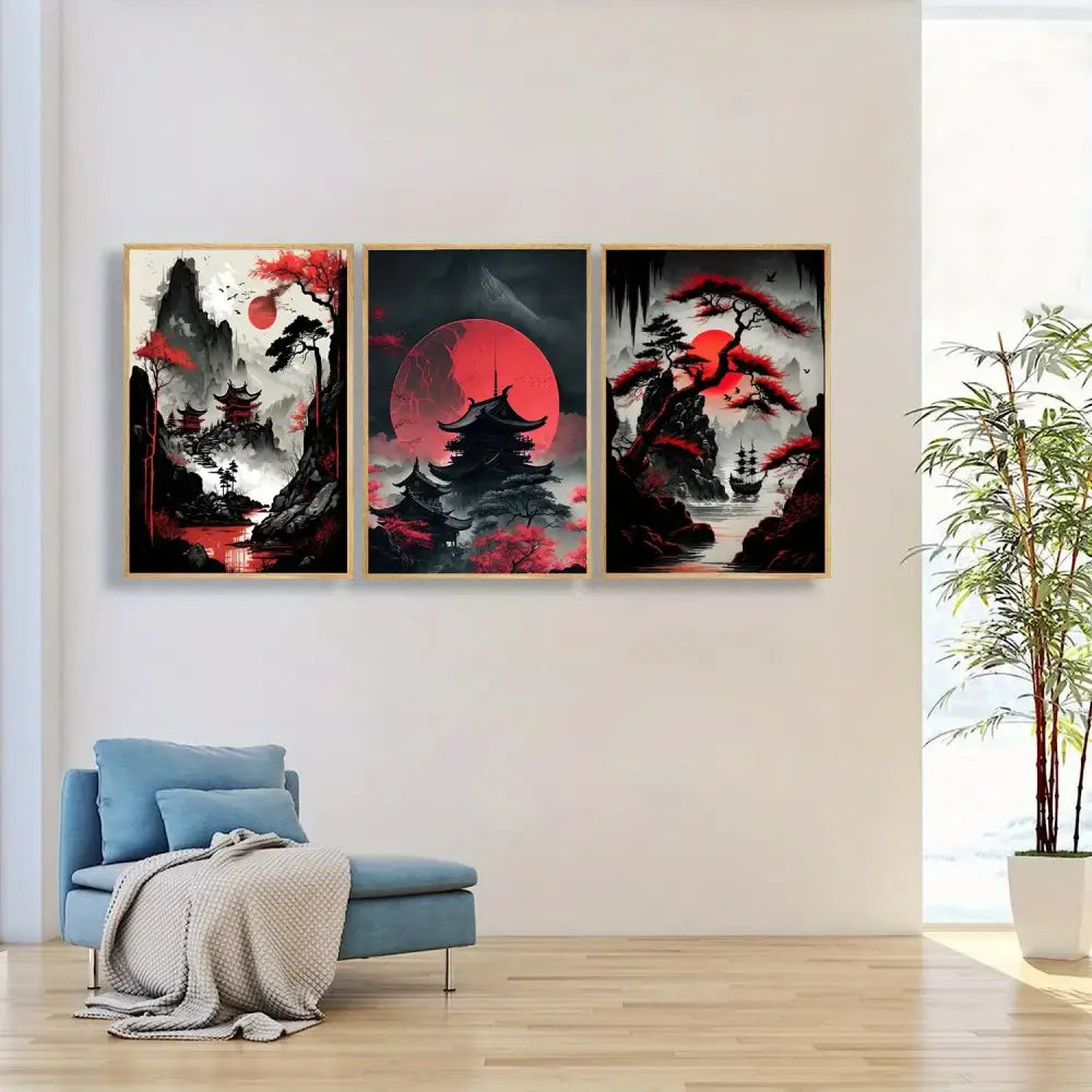 Decorbites™ japanese natural landscape canvas wall art set with three framed stylized artworks featuring red suns and pagodas