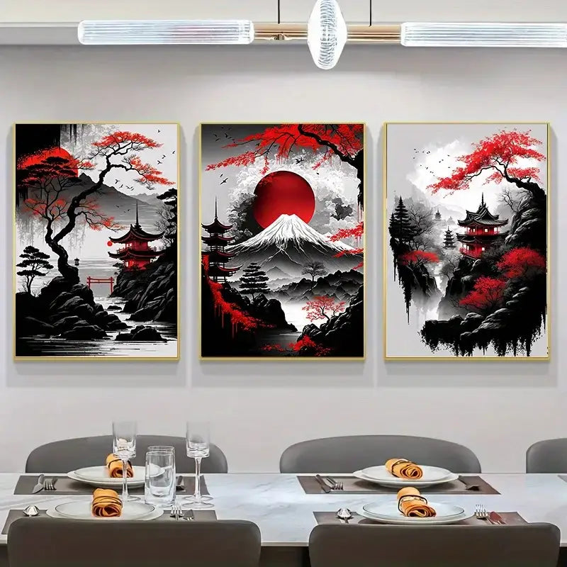 Three framed decorbites™ japanese natural landscape canvas wall art pieces with red and black ink wash mount fuji scenes