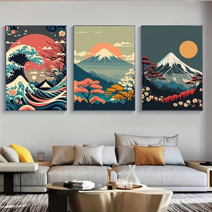 Set of three vibrant decorbites™ japanese nature landscape wall art canvases featuring coral pink teal orange on dark backgrounds