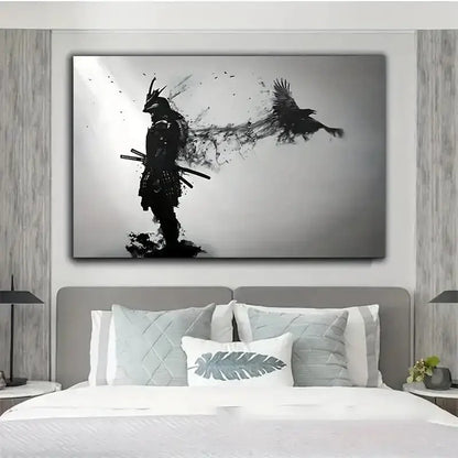 Black and white canvas print of samurai man with swords and crow in flight for living room decor by DecorBites™