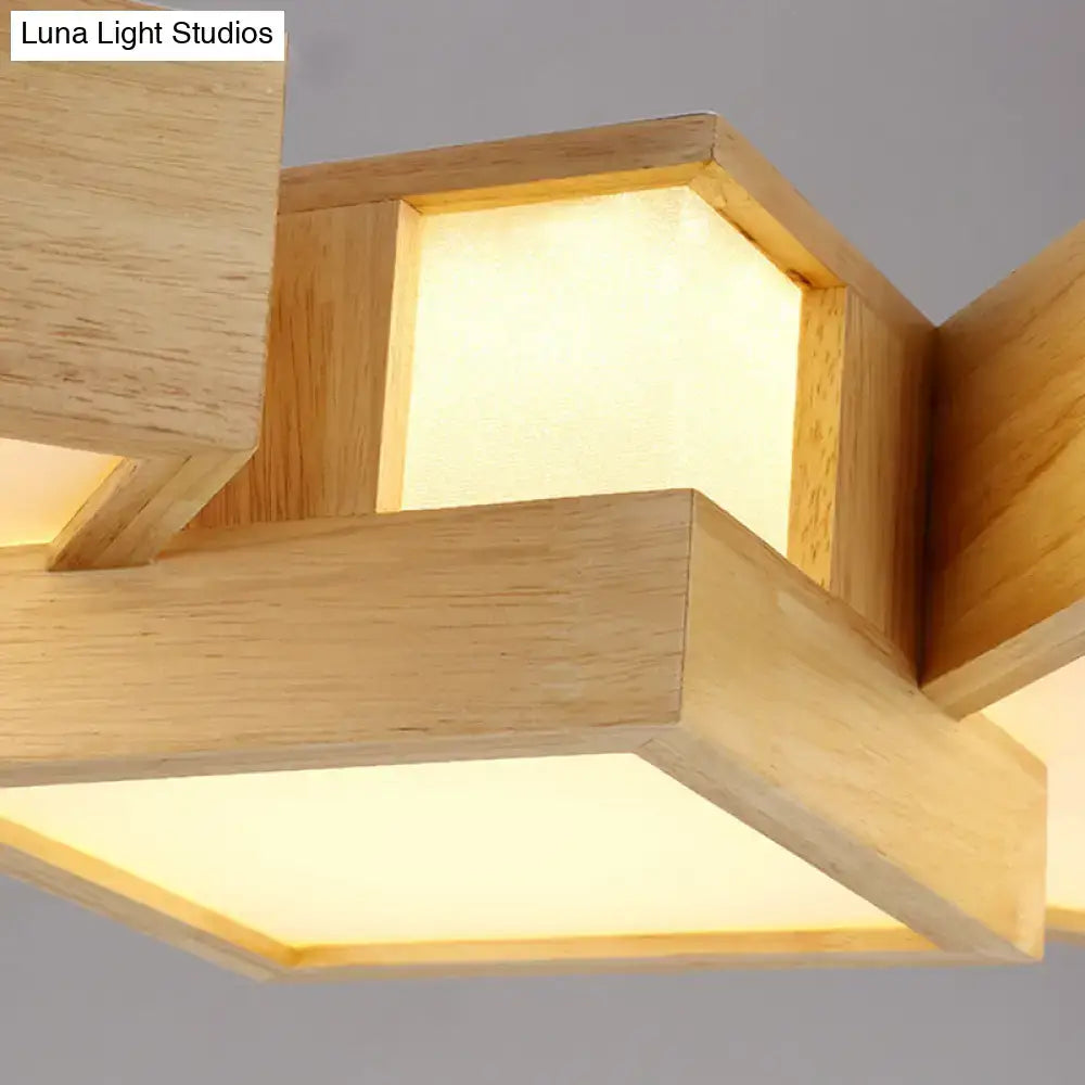 Modern japanese style wooden hexagonal ceiling light with warm white color temperature and diffused illumination