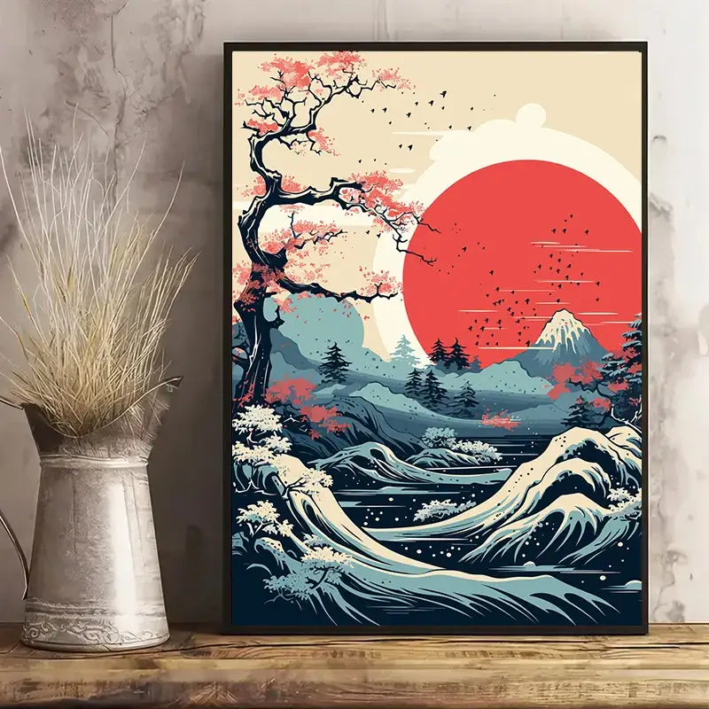 A framed DecorBites™ Japanese vintage art canvas featuring a stylized cherry blossom tree with waves and mountains