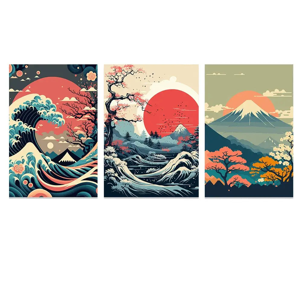 DecorBites™ Japanese vintage art canvas set of three prints with vibrant red suns waves and mountainous scenery
