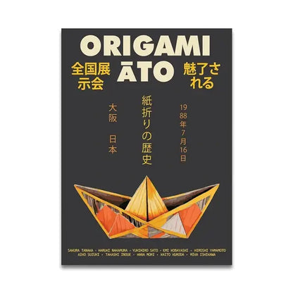 A vibrant geometric origami boat in orange gold and black on DecorBites™ japanese vintage music canvas wall art