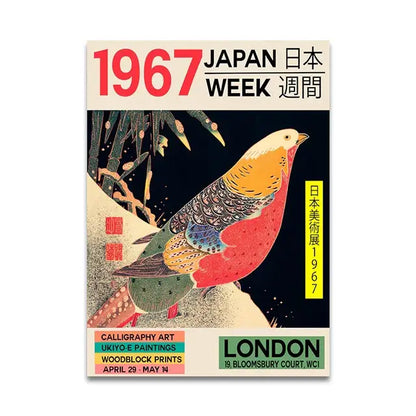 A vibrant japanese vintage music woodblock print style bird illustration on a 1967 japan week magazine cover wall art canvas