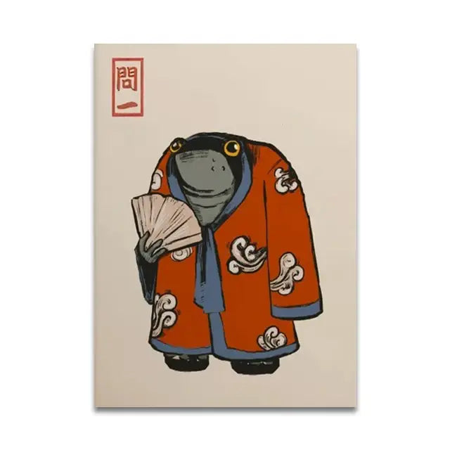 Whimsical DecorBites™ japanese vintage music canvas wall art of a frog in orange blue robe holding a folded fan