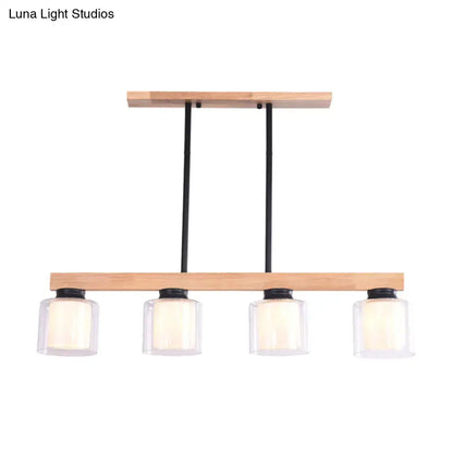 Decorbites japanese white glass cylinder led island pendant with natural wood frame and black metal rods for dining room