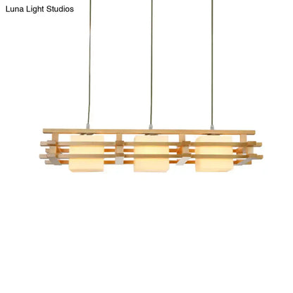 DecorBites japanese wood ceiling pendant light with three warm-toned blown glass shades suspended by metal cords