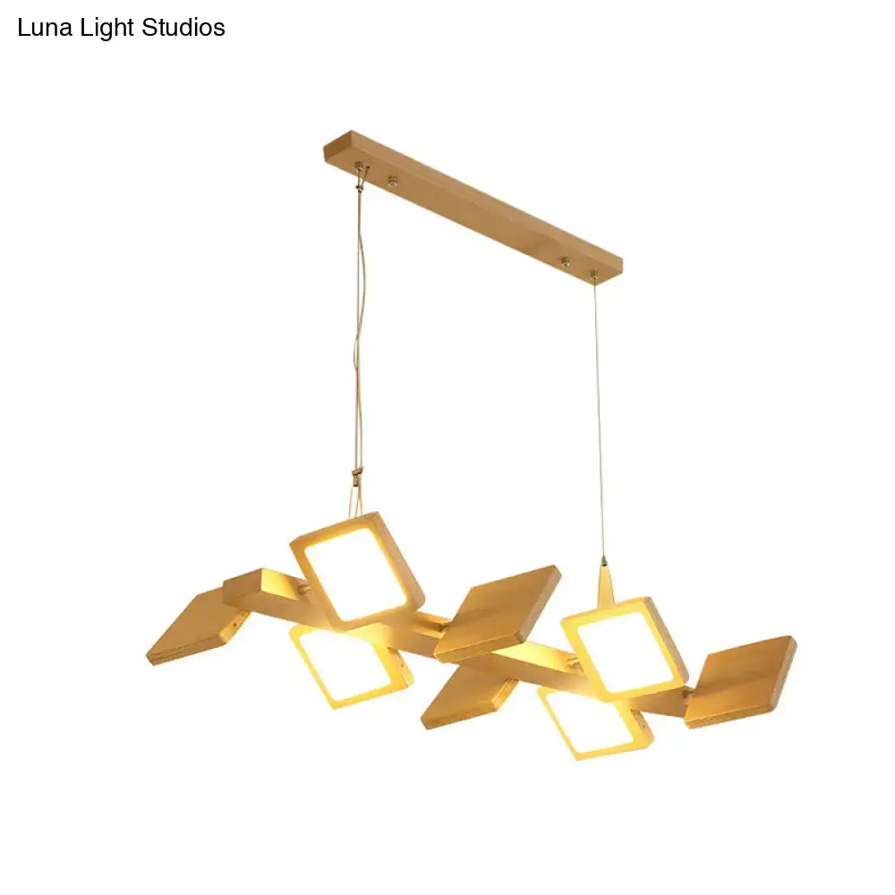 Modern gold-finished wooden led pendant light with geometric square bulbs and minimalist rectangular ceiling mount